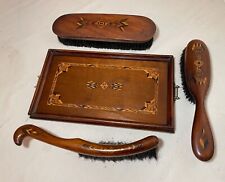 4 piece antique handmade Folk Art marquetry wood brush vanity grooming set picture