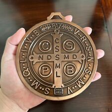 ST BENEDICT CROSS MEDAL VINTAGE BRASS PLATED 5 INCH ROMAN MEDALLA DE SAN BENITO picture