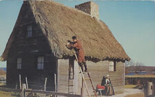 Postcard MA Plymouth Repairing Thatched Roof Elder William Brewster House ￼821 picture