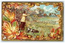 1910 Thanksgiving Greetings Man And Dog Hunting Hound Nuts Wallkill NY Postcard picture