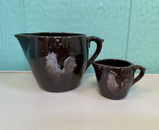 Vintage MCM Brown Ceramic Pottery Measuring Cup Set W/Roosters-Farmhouse Decor picture