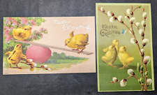 2 Antique Easter Postcards Yellow Chicks & Eggs Pussy Willow Floral (pc-26) picture