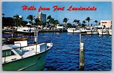 Hello Fort Lauderdale Florida Scenic Waterway Ships Chrome Cancel WOB Postcard picture
