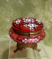 1900's  Antique Bohemian Cranberry Glass Footed Trinket Jar - Enamel, Powder picture