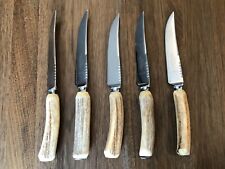 Vtg. Mutual Hiram Wild Sheffield Stag Handle Steak Knife Set of 5 picture