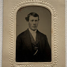 Antique Tintype Photograph Somber Stoic Young Man Clean Shaven Hair Flip picture