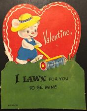 Vintage Valentine Card Adorable Bear Blue Overalls Yellow Hat Mowing Yard “Lawn” picture