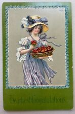 Heartiest Congratulations vintage postcard Victorian Girl basket of flowers picture