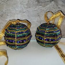 Vintage Handmade Beaded Multi-Colored Christmas Ball Ornament on Gold Ribbons #2 picture