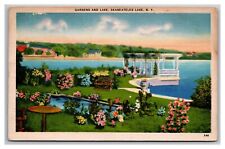 1945 Postcard Skaneateles NY New York Gardens Lake Gazebo Flowers Homes Linen picture