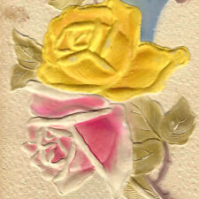 Antique 1919 Happy Birthday Postcard Silk Yellow Pink Rose picture