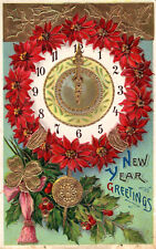 Vintage New Year Greetings Poinsettias Round Clock Postcard picture