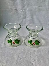 2 Avon Holly Berry Glass Candle Holders For Taper, Votive or Tea Light 2 3/4