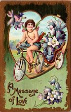 Valentine's Day PC Cherub Cupid Angel Riding Bicycle Pulling Cart of Flowers picture