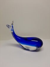 Vintage Murano Style Art Glass Whale Cobalt Blue & Clear Paperweight  D26 picture
