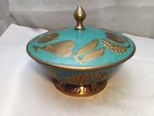 Vintage Solid Brass Covered Teal Enamel Bowl With Lid Cloisonné India 6