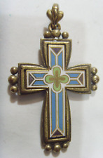 Scarce antique Champleve enamel clover cross religious gold tone pendant 53015 picture