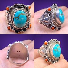 BEAUTIFUL TIBETAN OLD SOLID SILVER TORQUISE & CORAL NATURAL STONE UNIQUE RING picture