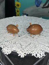 PAIR Pig Shaped Wood Wooden Salt And Pepper Shakers Vintage MCM picture