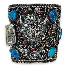 Vintage Southwestern Nickel Silver Buffalo Head Gigantic Watch Cuff Turquoise picture