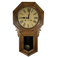 Antique Ansonia Regulator Schoolhouse Wall Clock - Runs, Chimes Long Drop W/Key picture