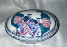 Vintage Chinese Trinket Oval Box  LotusFlowers  Birds Porcelain 4.5” picture