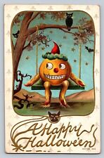 Postcard A Happy Hallowe'en Jack O Lantern on Tree Swing Black Cats 1912  B703 picture