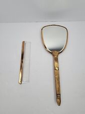 Vintage Hand Mirror Art Deco Gold Embroidered Vanity with Comb picture