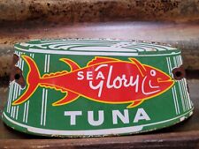OLD VINTAGE SEA GLORY PORCELAIN SIGN TUNA FISH FACTORY DIECUT FISHERMAN FOOD picture