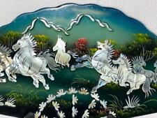 RARE inlaid shell ABALONE Asian Lacquer HORSES fan shape wall decor MAGICAL picture