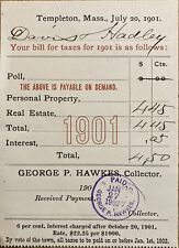 1901 TEMPLETON, MASS. REAL ESTATE TAX BILL PAID RECEIPT picture