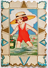 Valentine Greeting Card Die Cut Girl In Bathing Suit With Bucket Vintage Whitney picture