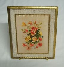 Vtg Italian Wood Toleware Roses Picture Plaque Gold, White  7.5x6.25