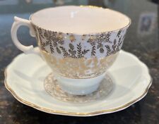 Royal Vale Bone China Cup & Saucer White Blue Gold Leaf & Trim Made In England  picture
