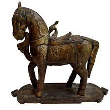 War Horse Statue Ornate Metal Covered Wood Hammered Tooled Vtg Marwari 12.5 Inch picture