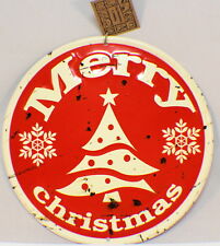 Merry Christmas Vintage Inspired Distressed Round Tree Decor Sign Santa Red picture