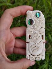 Tiki Large Pendant Maori Hand Carved Bone Abalone Eyes New Zealand picture