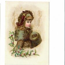 Victorian Trade Card Girl 1890's Christmas Coat Fur Collar & Muff Cranberries picture