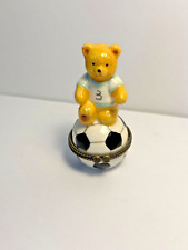 VINTAGE PORCELAIN SOCCER BALL WITH BEAR SMALL HINGED TRINKET/PILL BOX GLOSSY picture