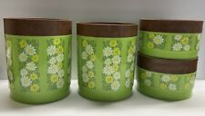 Set of 4 VTG Alladinware Canister w/ Lids Green Daisy Floral Green Yellow Brown picture