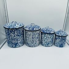 1990’s Blue & White Granite Ware Enamel Ware Canister Set 4 w/lids Nesting Set picture