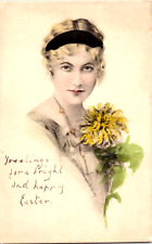 VTG Postcard Schlesinger Brothers, Hand Colored Woman With Yellow Flowers  1911 picture