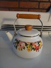 Vintage Enamelware Tea Kettle w/Wood Handle & Lid- Farmhouse Country Floral picture