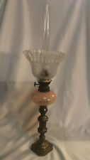 Antique Pink Art Glass Peg Lamp W/ Chimney & Etched Glass Ruffled Shade picture