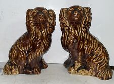 PAIR Antique 19thC Folk Art Spaniel Dogs Sewer Tile Staffordshire Ohio Pottery picture