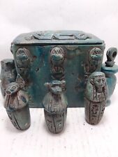 RARE ANCIENT EGYPTIAN ANTIQUE Box Jewelry Stone 4 Canopic Jar Scarab Anubis picture
