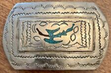 Early Native American Crushed Coral TURQUOISE Inlaid Sterling Silver Belt Buckle picture