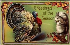 1910s Embossed Season Greetings Turkey Squirrel Autumn Thanksgiving Postcard J22 picture