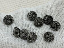 9 Incredible Matching 1800s Black Glass Buttons, Silver Luster, Nouveau Design picture