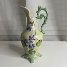 Gorgeous Vintage  Floral Pitcher Vase With Green Handle & Trim, Signed picture
